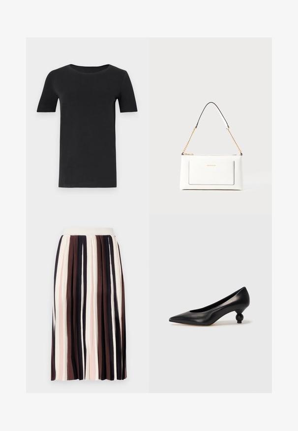 Must must valmistatud pehmest puuvillast, lühikeste varrukatega, ümmarguse kaelusega ja klassikalise lõikega. Sile tekstuur, ilma mustrite või kaunistusteta.; Pleegitud seelik, millel on vertikaalsed triibud tumeses pruunis, heleses roosas ja kreemjas värvitoonis, sobiva vöökoha ja pehme, tekstureeritud kangaga.; Must musta kõrge kontsaga king, millel on terav nina ja ümar, pallikujuline konts. Sile pind ja elegantne, minimalistlik disain.; Valge nahast kott tekstureeritud viimistlusega, millel on kuldne kettling ja mustad aktsendid. Include eesmine tasku ja tõmblukk.