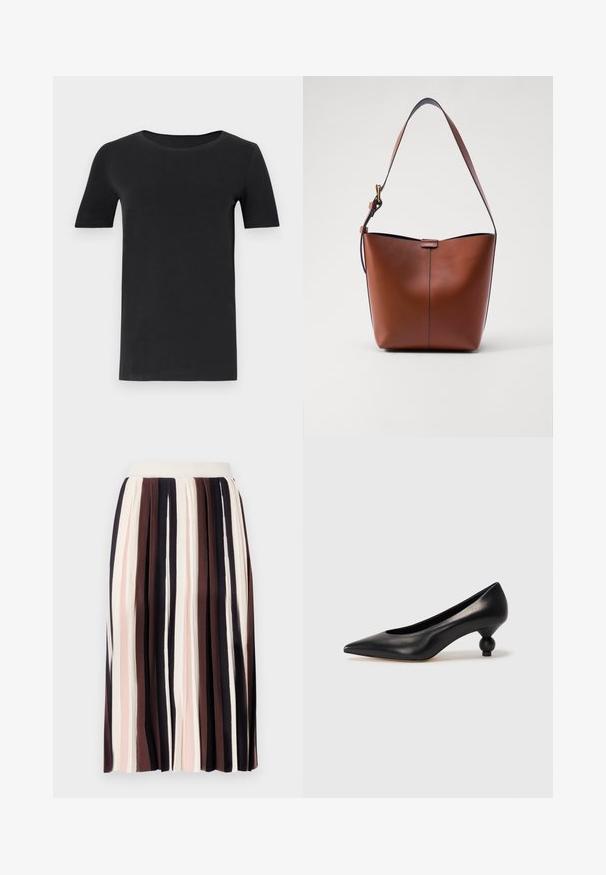T-shirt noir à manches courtes en coton doux, avec un col rond et une coupe classique. Texture lisse, sans motifs ni embellissements.; Jupe plissée à rayures verticales dans des nuances de marron foncé, rose clair et crème, avec une taille ajustée et un tissu doux et texturé.; Chaussure à talon haut en cuir noir avec un bout pointu et un talon arrondi. Texture lisse avec un design épuré et minimal.; Sac à épaule en cuir marron avec une forme courbée, texture lisse et une seule sangle fine. Présente une couture subtile et un petit logo.