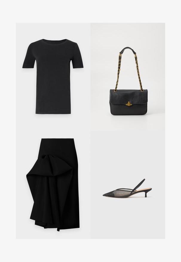 Black short-sleeve t-shirt made of soft cotton, with a round neckline and a classic fit. Smooth texture, no patterns or embellishments.; Black skirt made of smooth fabric, featuring an oversized draped design on one side, forming a high-low hemline.; NEOUS IRENA - Classic heels - black; Black leather handbag with a fold-over flap, gold-tone chain strap, and logo hardware detail on the front. Smooth texture.