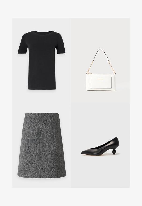 Juodas trumpas rankovėmis marškinėlis, pagamintas iš minkštos medvilnės, su apvaliu iškirpimu ir klasikiniu siluetu. Lygus paviršius, be raštų ar puošmenų.; Pilka herringbone sijonas su išpūstu A formos siluetu, pagamintas iš tekstūruotos medžiagos. Jame yra švarus juosmuo be matomų detalių ar akcentų.; Juoda odinė aukštakulnė bateliai su smailiu pirštu ir apvaliu, iškiliu kulnu. Lygus paviršius su elegantišku, minimalistiniu dizainu.; Balta odinė rankinė su tekstūruotu paviršiumi, turinti auksinį grandinėlės dirželį ir juodas detales. Įskaičiuota priekinė kišenė ir užtrauktuko uždarymas.
