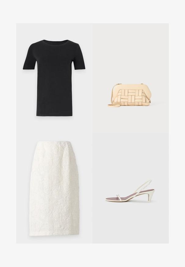 Tricou negru cu mânecă scurtă, confecționat din bumbac moale, cu un gât rotund și o croială clasică. Textură netedă, fără modele sau broderii.; Fustă albă până la genunchi cu un model floral texturat, având modele de trandafiri în relief și o strălucire subtilă. Siluetă simplă, dreaptă.; Sandale albe cu toc mic, curele subțiri și o textură netedă din piele; prezintă o cataramă decorativă mică.; Geantă bej țesută cu un design structurat, având un capac neted și o curea lungă. Detaliile texturate îmbunătățesc aspectul general.
