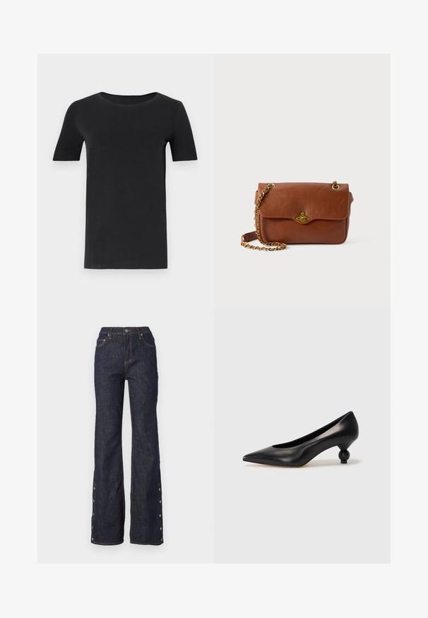 Black short-sleeve t-shirt made of soft cotton, with a round neckline and a classic fit. Smooth texture, no patterns or embellishments.; Dark denim jeans with a high waist, flared legs, contrasting orange stitching, and side buttons along the hem for adjustable fit.; Black leather high heel shoe with a pointed toe and a round, balled heel. Smooth texture with a sleek, minimal design.; Brown leather crossbody bag with a flap closure, gold hardware, and a chain strap. Smooth texture, rectangular shape, minimal detailing.