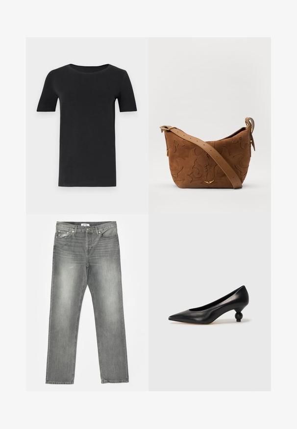 Melnas īsām piedurknēm T-krekls, kas izgatavots no mīkstas kokvilnas, ar apaļu kakla izgriezumu un klasisku piegriezumu. Gluda tekstūra, bez rakstiem vai rotājumiem.; RE/DONE EASY - Džinsi ar taisnām starām - grigio; Melnas ādas augstpapēžu kurpes ar smailu purngalu un apaļu papēdi. Gluda tekstūra ar elegantu, minimālistisku dizainu.; Brūns zamšs plecu soma ar iegravētu ziedu dizainu, papildināta ar gludu brūnu ādas siksnu un zelta toņa detaļām.