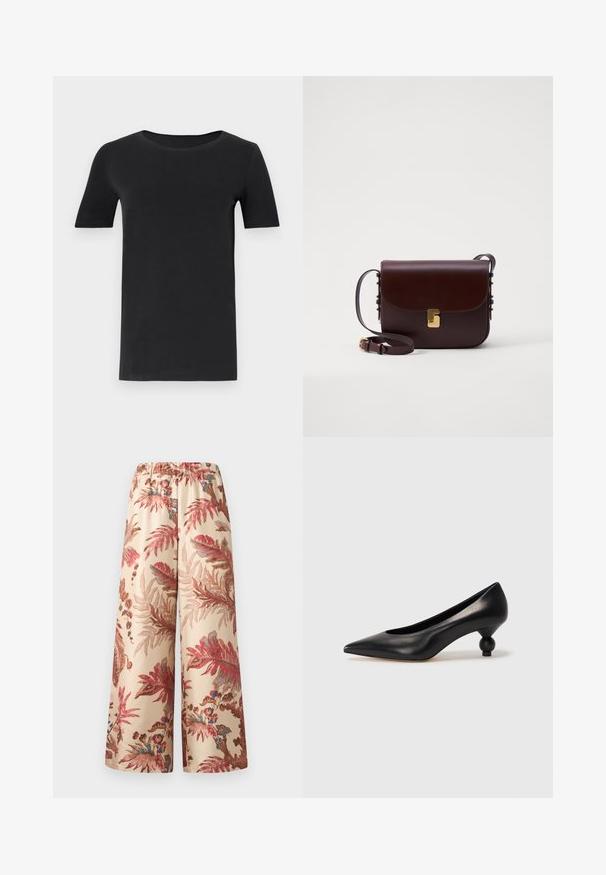 T-shirt noir à manches courtes en coton doux, avec un col rond et une coupe classique. Texture lisse, sans motifs ni embellissements.; Pantalons larges en tissu beige clair, avec un motif floral dans des nuances de rose, rouge et bleu, dotés d'une taille élastique.; Chaussure à talon haut en cuir noir avec un bout pointu et un talon arrondi. Texture lisse avec un design épuré et minimal.; Sac en cuir marron avec une fermeture à rabat, quincaillerie dorée, et une sangle réglable. Présente une texture lisse et une forme rectangulaire élégante.