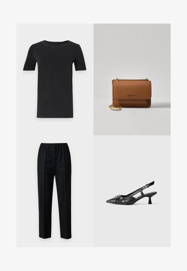 Schwarzes T-Shirt mit kurzen Ärmeln aus weicher Baumwolle, mit rundem Halsausschnitt und klassischer Passform. Glatte Textur, ohne Muster oder Verzierungen.; WEEKEND MaxMara HATELEY - Stoffhose - nero; Schwarzer Leder-Slingback-Schuh mit spitz zulaufender Zehenpartie, dekorativen Riemen mit METALLÖSEN und niedrigem Blockabsatz. Strukturelle Oberfläche.; Braune strukturierte Ledertasche mit goldener Kettenriemen und Klappenverschluss. Die Vorderseite zeigt ein Logo-Detail und eine Tasche unter der Klappe.