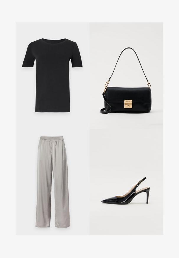 Zwarte t-shirt met korte mouwen van zacht katoen, met een ronde hals en een klassieke pasvorm. Soepele textuur, geen patronen of versieringen.; Lichtgrijze, rechte broek van gladde, zijden stof. Bevat een elastische tailleband en subtiele logo borduur op de zijkant.; Zwarte gepatineerde leren slingback pump met een puntige neus, slanke hak en een subtiel uitgesneden ontwerp. Bevat een gouden gesp op de band.; Zwarte leren handtas met een platte rechthoekige vorm, gouden hardware en een bovenhandvat. Beschikt over een sluiting met klips en kenmerkende logo-details.