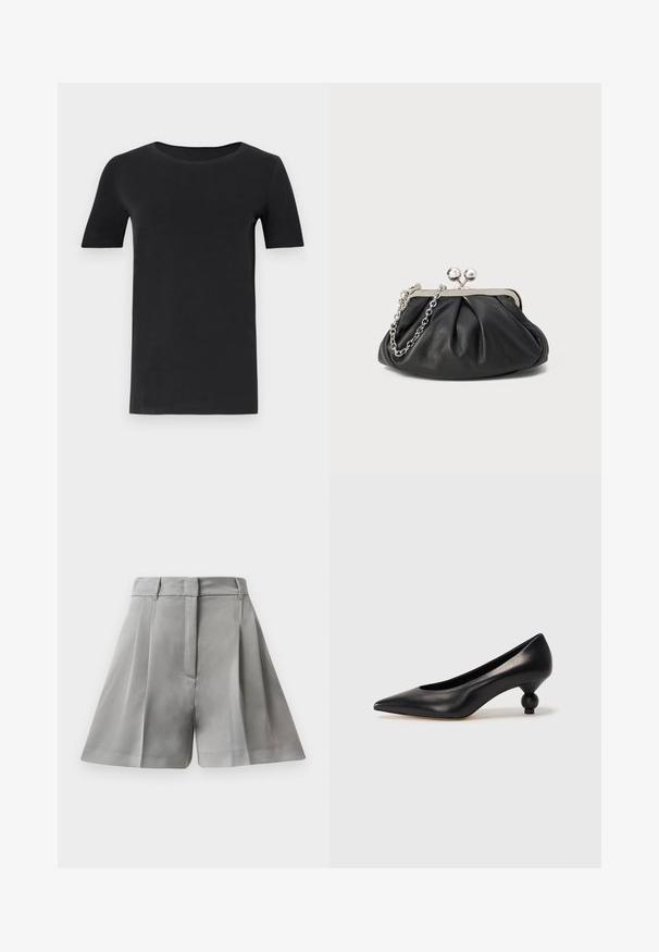 Sort kortærmet t-shirt lavet af blød bomuld, med rund hals og klassisk pasform. Glat tekstur, ingen mønstre eller pynt.; Grå plisserede shorts lavet af glat stof, med høj talje, forlommer, og skræddersyet design med rene linjer.; Sort læder høje hæle med spids tå og rund, kugleformet hæl. Glat tekstur med et stilrent, minimalistisk design.; Sort læder clutch med samlet tekstur, sølvfarvet metalramme, kys-lås lukning og kædestrop. Glat, blød overflade.