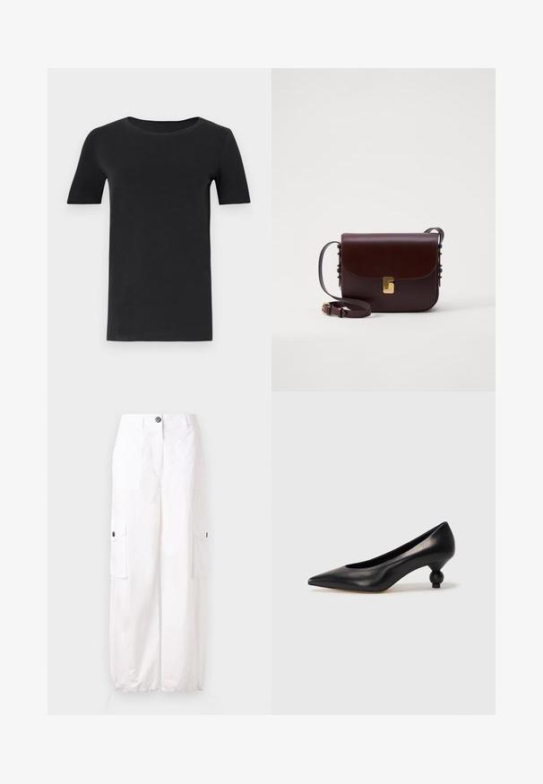 Must must valmistatud pehmest puuvillast, lühikeste varrukatega, ümmarguse kaelusega ja klassikalise lõikega. Sile tekstuur, ilma mustrite või kaunistusteta.; Valged puuvillased cargo püksid, millel on kaks esiküljel asuvat taskut, kaks küljetaskut ja elastsed mansetid pahkluude juures. Omab nööbiga sulgemist.; Must musta kõrge kontsaga king, millel on terav nina ja ümar, pallikujuline konts. Sile pind ja elegantne, minimalistlik disain.; Pruun nahast kott klappi sulgemisega, kuldsete detailidega ja reguleeritava rihmaga. Omab siledat tekstuuri ja stiilset ristküliku kuju.