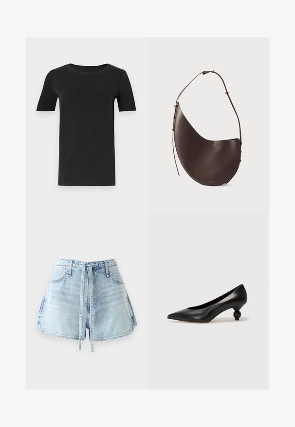 Schwarzes T-Shirt mit kurzen Ärmeln aus weicher Baumwolle, mit rundem Halsausschnitt und klassischer Passform. Glatte Textur, ohne Muster oder Verzierungen.; Helle blaue Jeansshorts mit einem Kordelzugbund, fünf Taschen und rohen Saumkanten. Der Stoff hat eine abgediente Textur.; Schwarze Leder-Pumps mit spitzem Zehenbereich und runder, ballförmiger Ferse. Glatte Textur mit einem eleganten, minimalistischen Design.; Braune Lederhandtasche mit geschwungener Form, einem Schulterriemen und minimalistischem Design. Verfügt über ein dezentes Logo und goldene Hardware-Akzente.