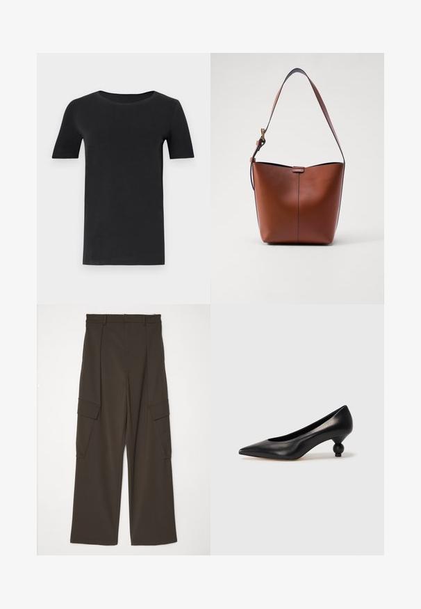 Zwarte t-shirt met korte mouwen van zacht katoen, met een ronde hals en een klassieke pasvorm. Soepele textuur, geen patronen of versieringen.; Bruine wijde cargobroek van textuurstof, met twee zijzakken met kleppen en een rechte snit van de taille tot de zoom.; Zwarte leren hoge hak schoen met een spitse neus en een ronde, bolle hak. Gladde textuur met een elegant, minimalistisch ontwerp.; Bruine leren schoudertas met een gebogen vorm, gladde textuur en een enkele dunne schouderband. Heeft een subtiele naad en een klein logo-detail.