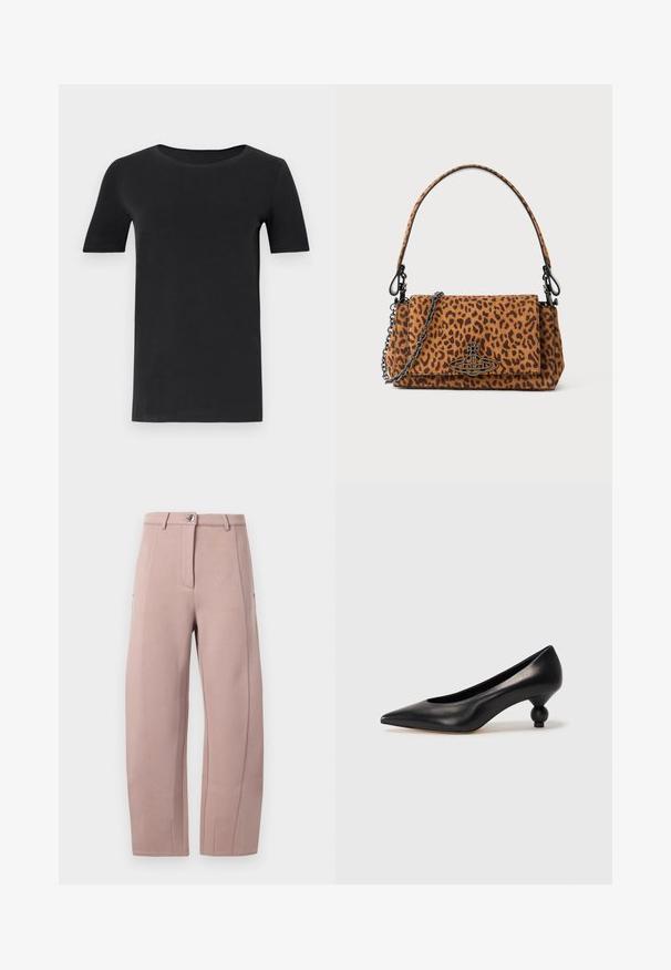 Melnas īsām piedurknēm T-krekls, kas izgatavots no mīkstas kokvilnas, ar apaļu kakla izgriezumu un klasisku piegriezumu. Gluda tekstūra, bez rakstiem vai rotājumiem.; Bikses no mīksta, gaiši rozā auduma ar taisnu griezumu, ar priekšējo rāvējslēdzēju, pogu aizdari un sānu kabatām. Gluda tekstūra ar šuvju detaļām.; Melnas ādas augstpapēžu kurpes ar smailu purngalu un apaļu papēdi. Gluda tekstūra ar elegantu, minimālistisku dizainu.; Leoparda raksta roka somiņa, izgatavota no zamšādas, ar īsu rokturi, ķēdes siksnu un melnu metāla aizdari. Taisnstūra forma ar pārklājuma aizdari.
