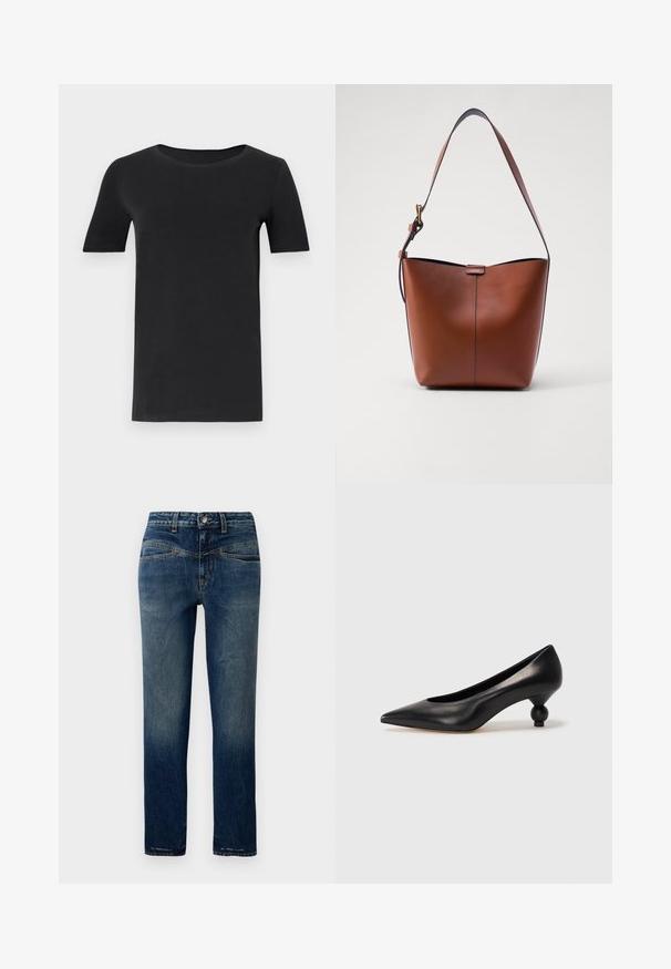 Juodas trumpas rankovėmis marškinėlis, pagamintas iš minkštos medvilnės, su apvaliu iškirpimu ir klasikiniu siluetu. Lygus paviršius, be raštų ar puošmenų.; Tamsiai mėlynos džinsinės kelnės tiesaus kirpimo, su šviesiu dėvėjimosi efektu, oranžinėmis siūlėmis ir mygtuko užsegimu juosmens srityje.; Juoda odinė aukštakulnė bateliai su smailiu pirštu ir apvaliu, iškiliu kulnu. Lygus paviršius su elegantišku, minimalistiniu dizainu.; Ruda odinė petinė rankinė su kreivam formu, lygia tekstūra ir viena plona juosta. Yra švelni siūlė ir mažas logotipo elementas.
