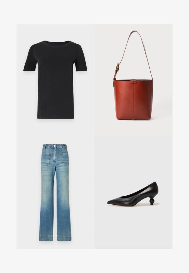 Zwarte t-shirt met korte mouwen van zacht katoen, met een ronde hals en een klassieke pasvorm. Soepele textuur, geen patronen of versieringen.; Lichtblauwe spijkerbroek met flared model, vijf zakken, riemlussen, knoopsluiting en een licht vervaagd textuur, met een rode logo-detail op de achterkant.; Zwarte leren hoge hak schoen met een spitse neus en een ronde, bolle hak. Gladde textuur met een elegant, minimalistisch ontwerp.; Bruine lederen emmerzak met verstelbare schouderband en gouden gesp, eenvoudige verticale naaddetails aan de voorkant.