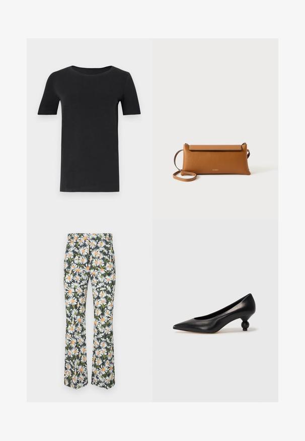 T-shirt noir à manches courtes en coton doux, avec un col rond et une coupe classique. Texture lisse, sans motifs ni embellissements.; Pantalons évasés à motif floral présentant des marguerites blanches avec des centres orange sur fond sombre. Fabriqués en tissu léger.; Chaussure à talon haut en cuir noir avec un bout pointu et un talon arrondi. Texture lisse avec un design épuré et minimal.; Sac à main en cuir brun, de forme rectangulaire, surface texturée, bandoulière amovible, fermeture éclair, logo subtil estampé à l'avant.
