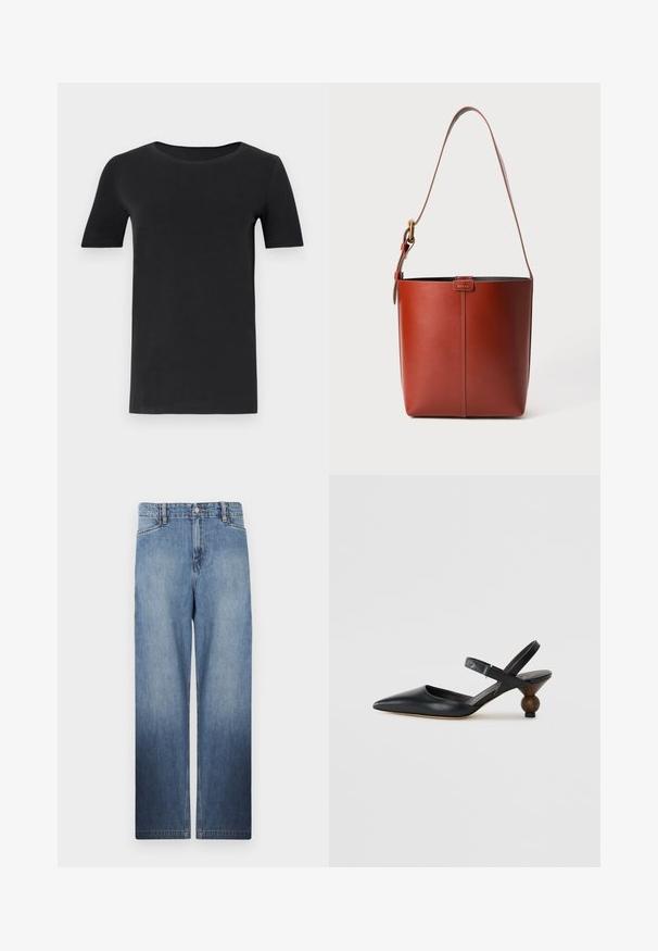 Čierne tričko s krátkym rukávom vyrobené z jemného bavlneného materiálu, s okrúhlym výstrihom a klasickým strihom. Hladká textúra, bez vzorov alebo dekoratívnych prvkov.; Svetlo modré džínsy rovného strihu s efektom blednutia, päť vreciek a kovový gombík na zapínanie v páse.; Čierna kožená slingback obuv s špicatou špičkou, zakriveným dizajnom a okrúhlou drevokatou pätou. Obsahuje úzky popruh okolo členka.; Hnedá kožená vedierková kabelka s nastaviteľným ramenným popruhom a zlatým sponou, jednoduchý vertikálny šev na prednej strane.