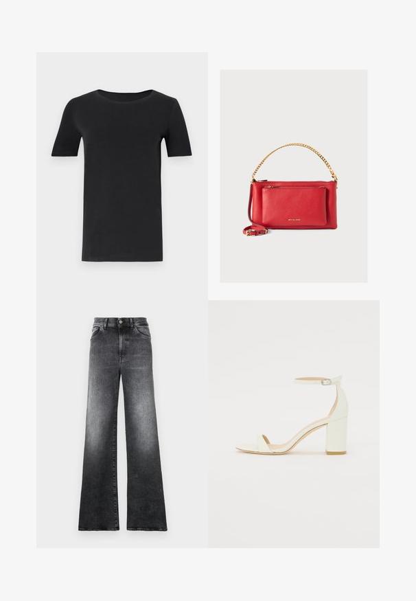 Black short-sleeve t-shirt made of soft cotton, with a round neckline and a classic fit. Smooth texture, no patterns or embellishments.; Wide-leg jeans in a gradient grey denim, featuring a button closure, five pockets, and a faded texture.; White leather block-heel sandal featuring an ankle strap with a buckle and minimalist design. Open toe and smooth textures throughout.; Red leather handbag with a textured finish, gold chain and strap, front zipper pocket, and embossed logo. Compact and structured design.