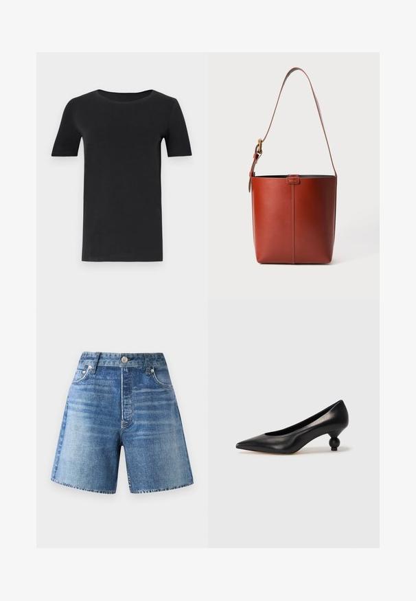 Schwarzes T-Shirt mit kurzen Ärmeln aus weicher Baumwolle, mit rundem Halsausschnitt und klassischer Passform. Glatte Textur, ohne Muster oder Verzierungen.; Jeansshorts in einem hellblauen Waschung mit hoher Taille, fünf Taschen und einem Knopfverschluss, mit einer verblassten Textur und einem rohen Saum.; Schwarze Leder-Pumps mit spitzem Zehenbereich und runder, ballförmiger Ferse. Glatte Textur mit einem eleganten, minimalistischen Design.; Braune Leder-Eimer-Tasche mit verstellbarem Schultergurt und goldfarbener Schnalle, einfache vertikale Nahtdetails auf der Vorderseite.
