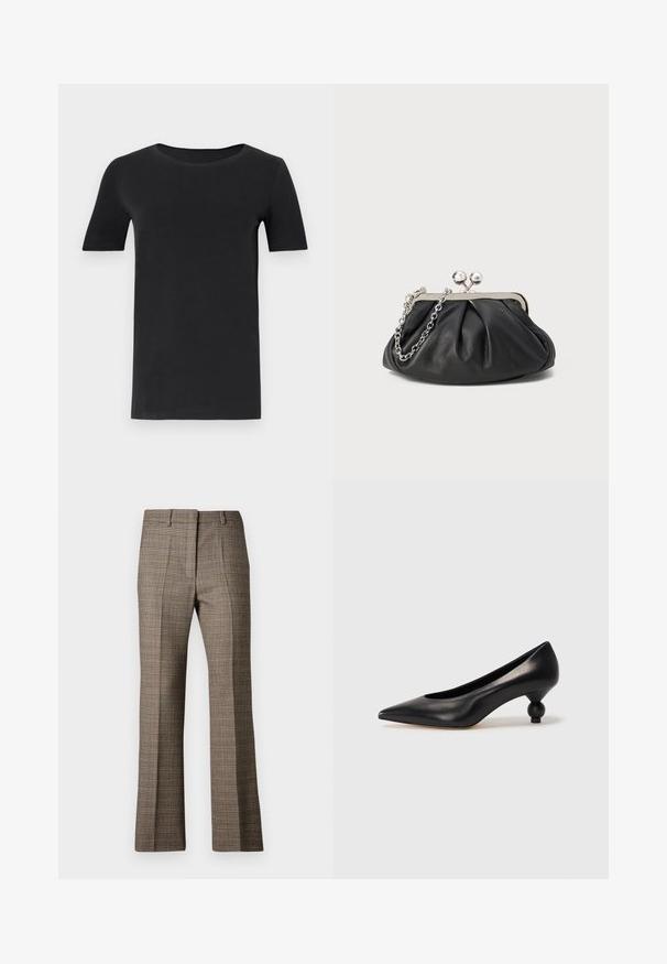 Schwarzes T-Shirt mit kurzen Ärmeln aus weicher Baumwolle, mit rundem Halsausschnitt und klassischer Passform. Glatte Textur, ohne Muster oder Verzierungen.; Braune karierte Hose mit geradem Bein, die aus einem strukturierten Stoff gefertigt ist und dezente Farbtöne von Beige und dunkleren Brauntönen im Muster aufweist.; Schwarze Leder-Pumps mit spitzem Zehenbereich und runder, ballförmiger Ferse. Glatte Textur mit einem eleganten, minimalistischen Design.; Schwarze Leder-Clutch mit geraffter Textur, silberfarbener Metallrahmen, Druckverschluss und Kettenriemen. Glatte, weiche Oberfläche.