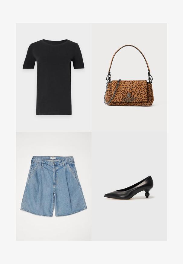 Black short-sleeve t-shirt made of soft cotton, with a round neckline and a classic fit. Smooth texture, no patterns or embellishments.; Light blue denim shorts with a relaxed fit, featuring a high waist, side pockets, and a button closure. Faded texture throughout.; Black leather high heel shoe with a pointed toe and a round, balled heel. Smooth texture with a sleek, minimal design.; Leopard print handbag made of suede with a short handle, a chain strap, and a black hardware clasp. Rectangular shape with a flap closure.