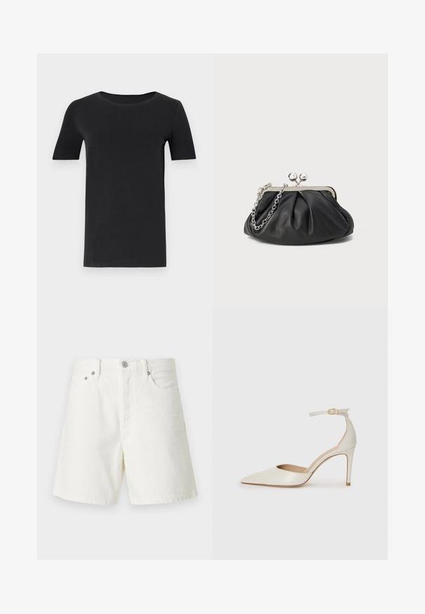Černé tričko s krátkým rukávem vyrobené z měkké bavlny, s kulatým výstřihem a klasickým střihem. Hladká textura, bez vzorů nebo ozdob.; Bílé denimové kraťasy se rovný střihem, pětivreckovým designem, zapínáním na tlačítko vpředu, stříbrnými kovovými detaily a prošitím.; Bílé kožené lodičky na vysokém podpatku s špičatou špičkou, kotníkovým páskem a štíhlým jehlovým podpatkem. Hladká textura s mírným lesklým povrchem.; Černá kožená kabelka s nabíranou texturou, stříbrný kovový rám, uzávěr na klips a řetízkový popruh. Hladký, jemný povrch.