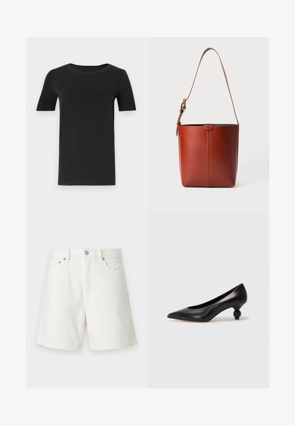 Black short-sleeve t-shirt made of soft cotton, with a round neckline and a classic fit. Smooth texture, no patterns or embellishments.; White denim shorts with a straight cut, five-pocket design, front button closure, silver hardware, and stitched detailing.; Black leather high heel shoe with a pointed toe and a round, balled heel. Smooth texture with a sleek, minimal design.; Brown leather bucket bag with adjustable shoulder strap and gold-tone buckle, simple vertical seam detail on front.