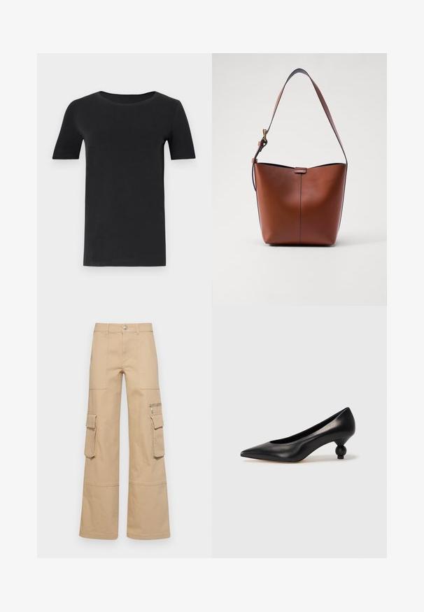 Svart kortärmad t-shirt i mjuk bomull, med rund halsringning och klassisk passform. Slät textur, inga mönster eller dekorationer.; MAX&Co. REGIO - Cargobyxor - beige; Svart läderhögklackad sko med spetsig tå och rund, bollformad klack. Slät yta med en elegant, minimalistisk design.; Brun läderaxelväska med en böjd form, slät yta och ett enda tunt band. Har en subtil söm och en liten logotypdetalj.