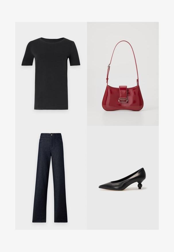 Černé tričko s krátkým rukávem vyrobené z měkké bavlny, s kulatým výstřihem a klasickým střihem. Hladká textura, bez vzorů nebo ozdob.; Tmavé denimové džíny s vysokým pasem a širokými nohavicemi, obsahující pět kapes, zapínání na knoflík a kontrastní šití. Hladká textura bez vzorů.; Černá kožená vysoká bota na podpatku s špičatou špičkou a kulatým, zaobleným podpatkem. Hladká textura s elegantním, minimalistickým designem.; Červená lakovaná kožená kabelka s oblým tvarem, klopou a stříbrným logem. Součástí je nastavitelné ramenní pásmo.