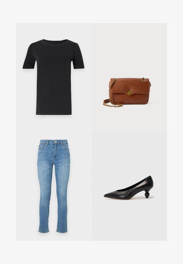 Mustat lyhyet hihattomat t-paidat, jotka on valmistettu pehmeästä puuvillasta, pyöreällä kaula-aukolla ja klassisella mitoituksella. Sileä tekstuuri, ei kuvioita tai koristeluja.; Vaaleansiniset farkut, joissa on kapea malli, keskimittainen vyötärö, viisi taskua ja hienovaraista haalistumista reisiä myöten, sekä ommeltuja yksityiskohtia.; Musta nahkakengät korkealla korolla, joissa on terävä kärki ja pyöreä, pallomainen korko. Sileä pinta ja tyylikäs, minimalistinen muotoilu.; Ruskea nahkainen olkalaukku, jossa on läppäkiinnitys, kultaiset yksityiskohdat ja ketjuhihna. Sileä pinta, suorakulmainen muoto, minimaalinen yksityiskohtaisuus.
