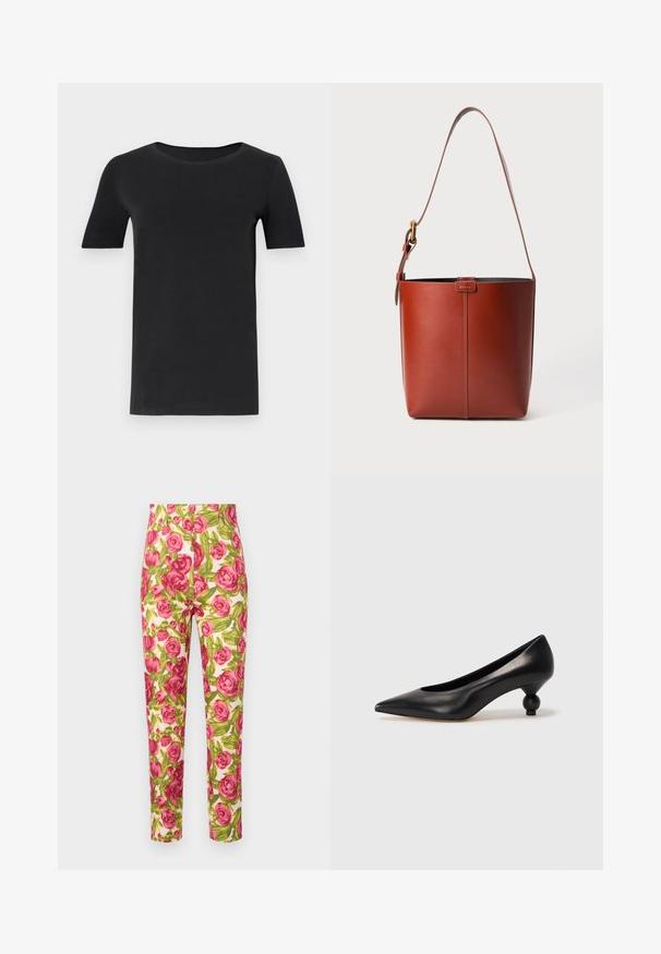 Black short-sleeve t-shirt made of soft cotton, with a round neckline and a classic fit. Smooth texture, no patterns or embellishments.; Floral pants with a white background, featuring large pink roses and green leaves. Slim fit design with a high waist.; Black leather high heel shoe with a pointed toe and a round, balled heel. Smooth texture with a sleek, minimal design.; Brown leather bucket bag with adjustable shoulder strap and gold-tone buckle, simple vertical seam detail on front.