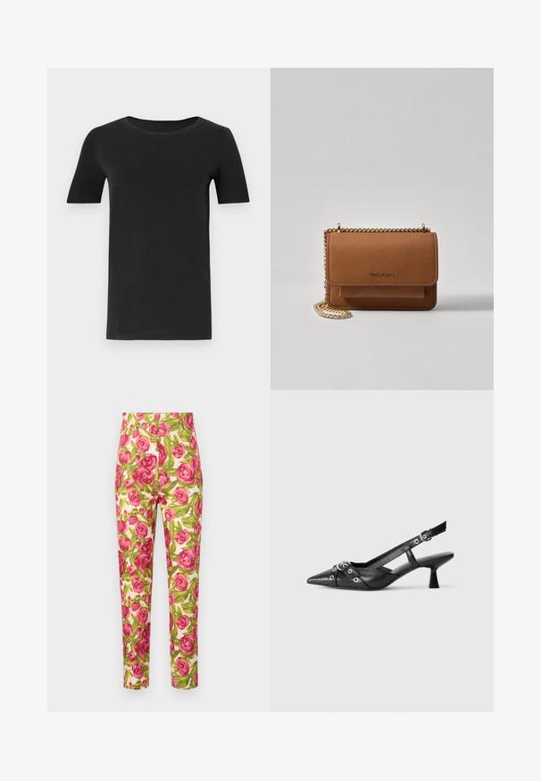 Czarny t-shirt z krótkim rękawem, wykonany z miękkiej bawełny, z okrągłym dekoltem i klasycznym krojem. Gładka faktura, bez wzorów lub ozdób.; Kwiatowe spodnie na białym tle, z dużymi różowymi różami i zielonymi liśćmi. Slim fit, z wysokim stanem.; Czarne skórzane buty typu slingback z ostrym noskiem, ozdobnymi paskami z metalowymi oczkami oraz niskim klinowym obcasem. Teksturowana powierzchnia.; Brązowa skórzana torba na ramię z teksturą, z złotym łańcuszkiem i zapięciem na klapkę. Z przodu znajduje się detal z logo oraz kieszeń pod klapką.