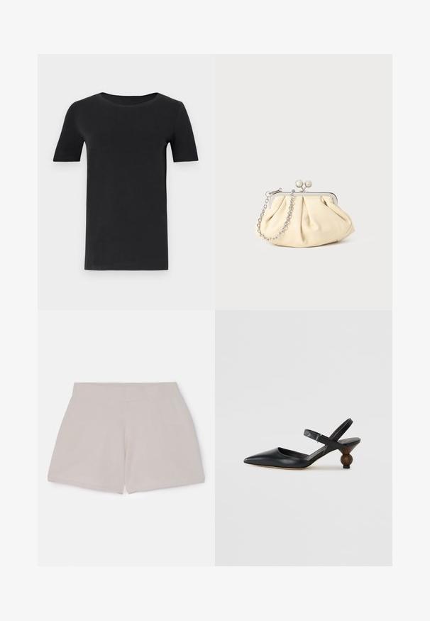 Melnas īsām piedurknēm T-krekls, kas izgatavots no mīkstas kokvilnas, ar apaļu kakla izgriezumu un klasisku piegriezumu. Gluda tekstūra, bez rakstiem vai rotājumiem.; Elastīga vidukļa beigu kokvilnas šorti ar strukturētu apdari, taisna griezuma, bez redzamām kabatām vai detalizējuma.; Melnas ādas siksniņu kurpes ar smailu purngalu, izliektu dizainu un apaļu koka līdzīgu papēdi. Iekļauta šaura potītes siksna.; Rūpīgi pleatota bežīga ādas somiņa ar sudraba metāla rāmi, kurai ir divas apaļas dekoratīvas sprādzes un sudraba ķēdes siksna.