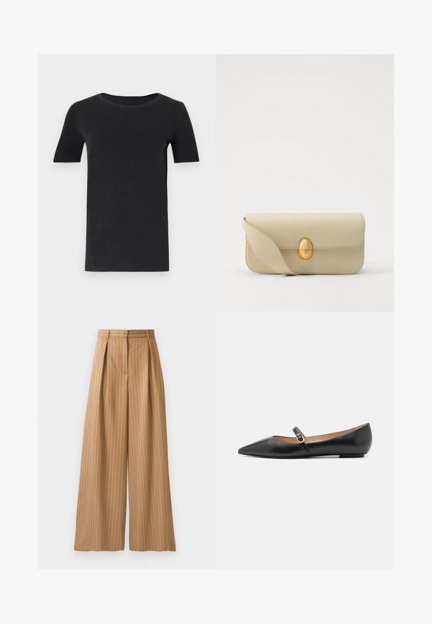 Černé tričko s krátkým rukávem vyrobené z měkké bavlny, s kulatým výstřihem a klasickým střihem. Hladká textura, bez vzorů nebo ozdob.; Široké kalhoty z béžové látky s vertikálními bílými pruhy. Mají sklady v pase a hladkou texturu.; Černé kožené baleríny s špičatou špičkou a bočním páskem, který má kulatý zlatý akcent. Lehká konstrukce s plochou podrážkou.; Krémová kožená kabelka s hladkým povrchem, obdélníkovým tvarem a zlatým oválným uzávěrem. Disponuje dlouhým, nastavitelným popruhem.