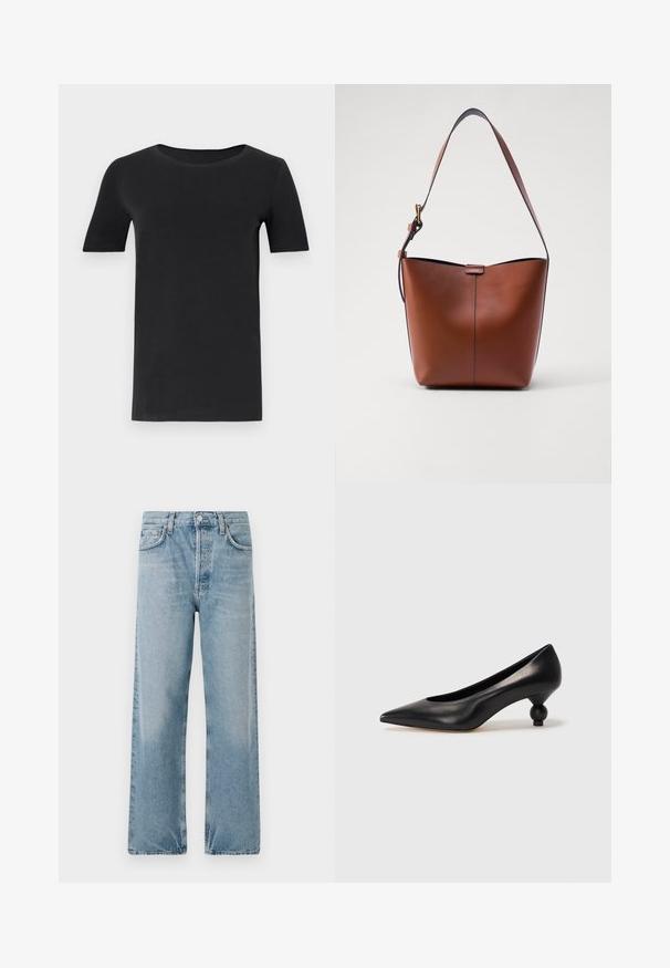 Svart kortärmad t-shirt i mjuk bomull, med rund halsringning och klassisk passform. Slät textur, inga mönster eller dekorationer.; Ljusblå denimjeans med hög midja, vida ben och femfickorsdesign. Har knappstängning och subtila blekningar.; Svart läderhögklackad sko med spetsig tå och rund, bollformad klack. Slät yta med en elegant, minimalistisk design.; Brun läderaxelväska med en böjd form, slät yta och ett enda tunt band. Har en subtil söm och en liten logotypdetalj.
