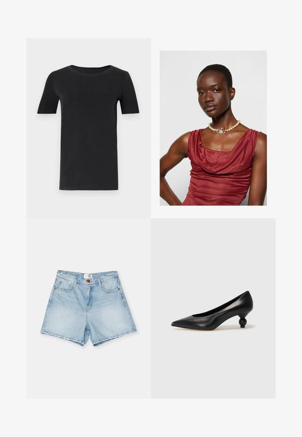 Zwarte t-shirt met korte mouwen van zacht katoen, met een ronde hals en een klassieke pasvorm. Soepele textuur, geen patronen of versieringen.; FRAME THE EASY - Jeansshort - fizz indigo; Zwarte leren hoge hak schoen met een spitse neus en een ronde, bolle hak. Gladde textuur met een elegant, minimalistisch ontwerp.; Kraagloze, diep rode jurk met een gladde textuur. Voorzien van een parelketting met een decoratieve zilveren accent in het midden.