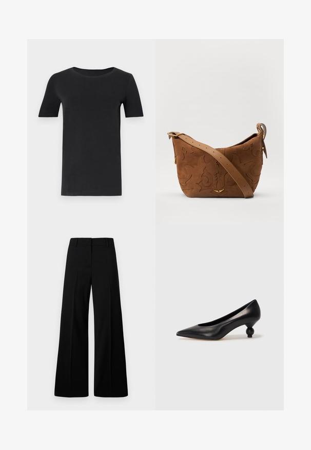 Must must valmistatud pehmest puuvillast, lühikeste varrukatega, ümmarguse kaelusega ja klassikalise lõikega. Sile tekstuur, ilma mustrite või kaunistusteta.; Mustad mustad jalad, mis on varustatud sileda tekstuuriga, struktureeritud vöökoht ja esiplekid. Minimalistlik disain, ilma nähtava riistvarata.; Must musta kõrge kontsaga king, millel on terav nina ja ümar, pallikujuline konts. Sile pind ja elegantne, minimalistlik disain.; Pruun sametist õlavarre kott, millel on reljeefne lillemuster, mida täiendab sile pruun nahast rihm ja kuldse tooni lisandid.