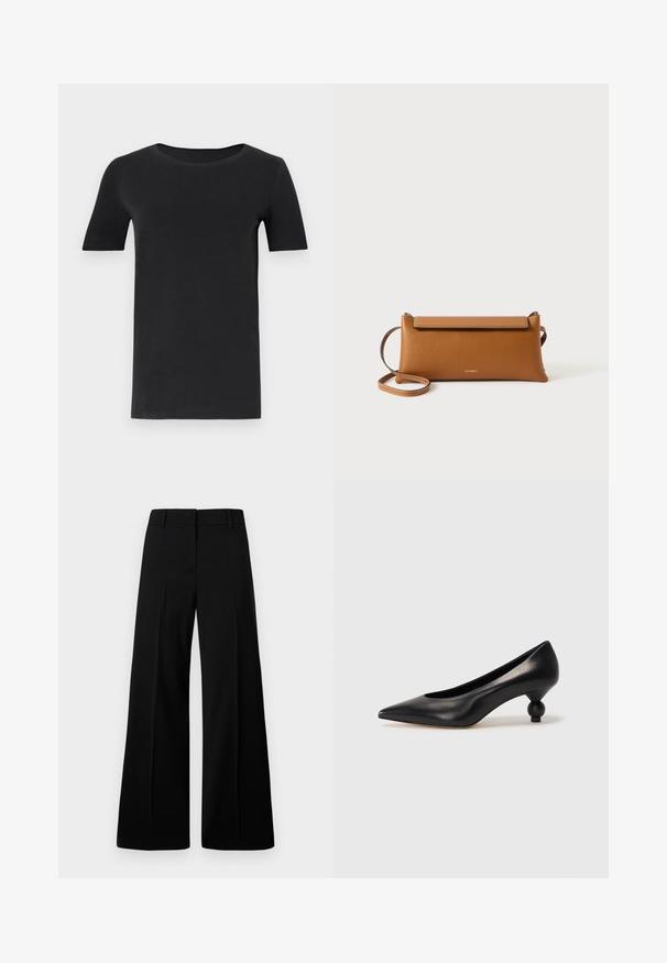 Fekete, rövid ujjú póló, puha pamutból készült, kerek nyakkivágással és klasszikus szabással. Sima textúra, minta vagy díszítés nélkül.; Fekete, bő szárú nadrág, sima textúrával, strukturált derékkal és elülső redőkkel. Minimalista dizájn, látható fém részek nélkül.; Fekete bőr magassarkú cipő, hegyes orral és kerek, gömbölyű sarokkal. Simább textúrával, elegáns, minimalista dizájnnal.; Barna bőr kézitáska, téglalap alakú, texturált felület, leválasztható pánt, cipzáras záródás, diszkrét logóval a záron.
