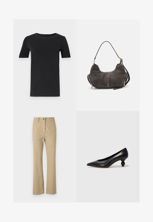 T-shirt nera a maniche corte realizzata in cotone morbido, con scollatura rotonda e vestibilità classica. Texture liscia, senza fantasie o decorazioni.; WEEKEND MaxMara OTTOBRE - Chino - beige; Scarpa con tacco alto in pelle nera, con punta affilata e tacco arrotondato e bombato. Texture liscia con un design elegante e minimalista.; Borsa hobo in suede grigio scuro con forma curva, manico superiore e zip laterali con tiranti in metallo. Texture liscia e dettagli di cucitura ben visibili.