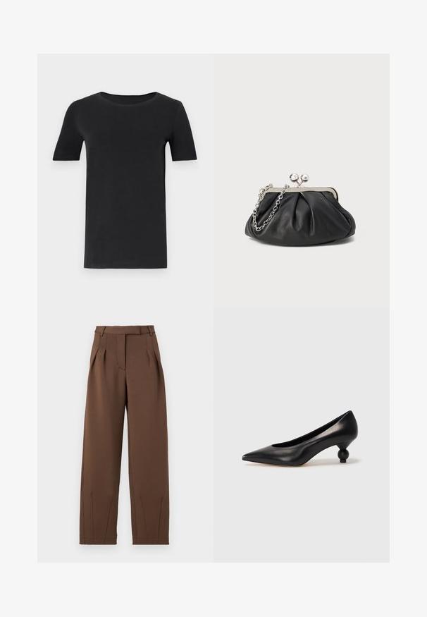 T-shirt noir à manches courtes en coton doux, avec un col rond et une coupe classique. Texture lisse, sans motifs ni embellissements.; Pantalons marron en tissu lisse, avec une taille haute, des plis avant et une coupe décontractée. Comprend des poches latérales et des jambes fuselées.; Chaussure à talon haut en cuir noir avec un bout pointu et un talon arrondi. Texture lisse avec un design épuré et minimal.; Porte-monnaie en cuir noir avec texture froncée, cadre en métal argenté, fermeture à verrouillage kiss-lock et bandoulière en chaîne. Surface lisse et douce.