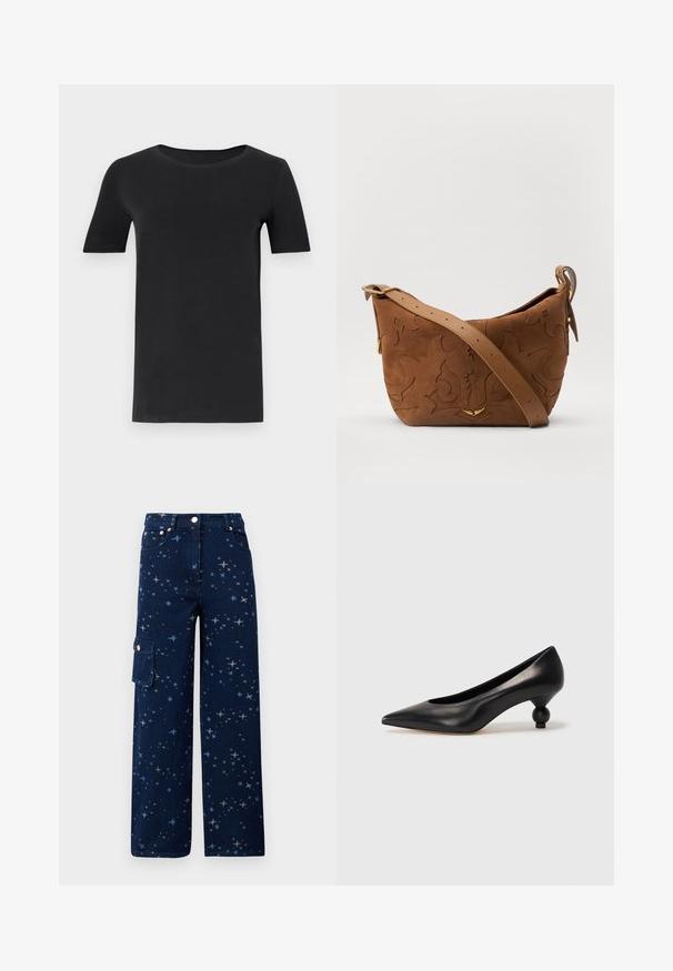 Must must valmistatud pehmest puuvillast, lühikeste varrukatega, ümmarguse kaelusega ja klassikalise lõikega. Sile tekstuur, ilma mustrite või kaunistusteta.; Tumed sinine denimist cargo-püksid, millel on tähtede muster, laiad sääred, eesmine tasku ja küljetasku nupuga kinnitamisega.; Must musta kõrge kontsaga king, millel on terav nina ja ümar, pallikujuline konts. Sile pind ja elegantne, minimalistlik disain.; Pruun sametist õlavarre kott, millel on reljeefne lillemuster, mida täiendab sile pruun nahast rihm ja kuldse tooni lisandid.