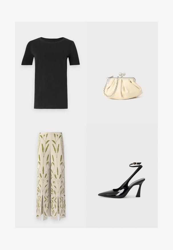 Črna kratka majica s kratkimi rokavi, izdelana iz mehkega bombaža, z okroglo ovratnico in klasičnim krojem. Gladka tekstura, brez vzorcev ali okraskov.; Hlače širokega kroja iz kremnega blaga z zelenim cvetličnim vezenjem. Imajo razpoke na robu in zapletene botanične vzorce.; Črne patentne usnjene slingback visoke pete s koničastim nosom, nastavljivim gležnjastim trakom in zmerno blokasto peto. Gladka tekstura z bleščečim zaključkom.; Zavihani bež usnjeni nahrbtnik s srebrnim kovinskim okvirom, ki ima dve okrogli okrasni zaponki in srebrno verižico.