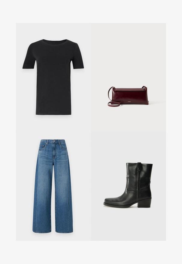 Camisa preta de manga curta feita de algodão macio, com decote redondo e um corte clássico. Textura suave, sem padrões ou adornos.; Jeans de perna larga azul com lavagem média, apresentando uma cintura alta, cinco bolsos e um ligeiro efeito de desgaste. Feitos de denim com uma textura suave.; Bota de tornozelo em couro preto com bico arredondado, salto bloco, fecho lateral e detalhes em costura na parte frontal. Textura suave, design clássico.; Bolsa crossbody de couro bordô com uma textura suave, forma retangular, fecho de aba e uma alça fina ajustável. Detalhe do logotipo dourado visível.