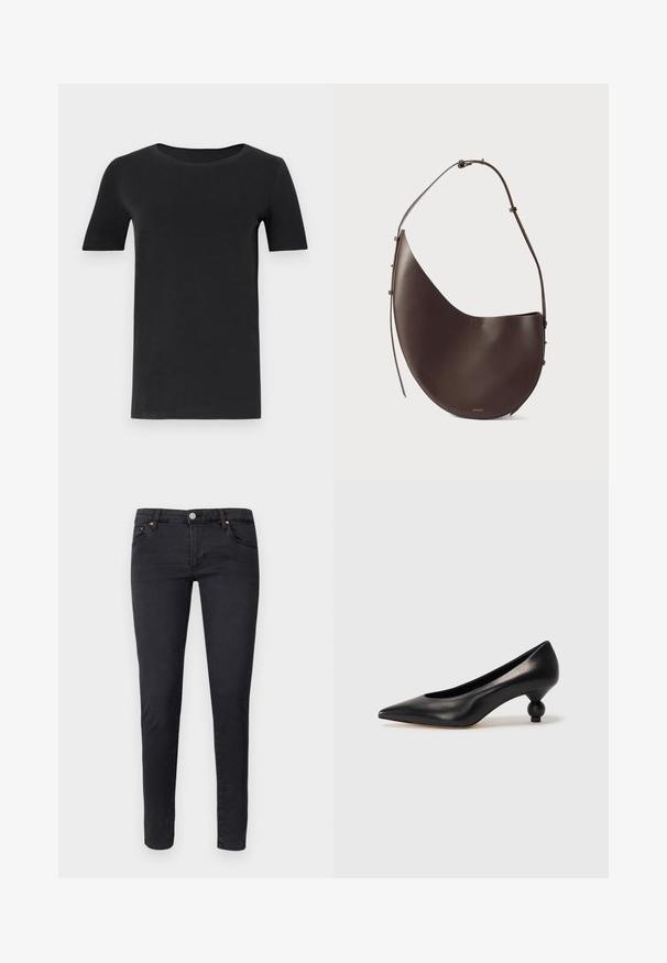 Juodas trumpas rankovėmis marškinėlis, pagamintas iš minkštos medvilnės, su apvaliu iškirpimu ir klasikiniu siluetu. Lygus paviršius, be raštų ar puošmenų.; AG Jeans Aptempti džinsai - anthracite black; Juoda odinė aukštakulnė bateliai su smailiu pirštu ir apvaliu, iškiliu kulnu. Lygus paviršius su elegantišku, minimalistiniu dizainu.; Ruda odinė rankinė, turinti kreivą formą, vieną diržą ir minimalistinį dizainą. Sukurta su subtiliu logotipu ir auksiniais detalėmis.
