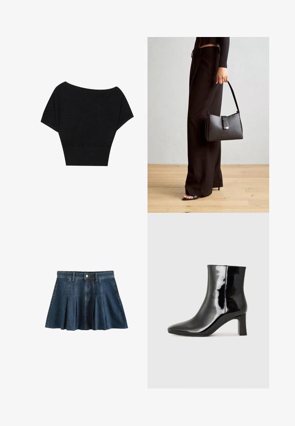Anna Field T-shirt med print - black; Next REGULAR FIT - Minikjol - dark blue; Svart lackläder ankelboot med spetsig tå och en medelhög klack. Slät textur och minimalistisk design.; Svart handväska med strukturerad form, slät yta och metallspänne. Matchad med vida svarta byxor och sandaler med öppen tå på trägolv.