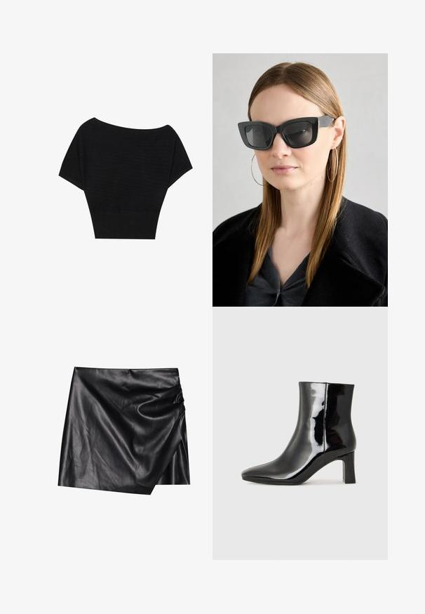 Anna Field - T-shirt z nadrukiem; Czarna skórzana mini spódnica z zakładanym fasonem, charakteryzująca się miękką, gładką teksturą oraz subtelnymi fałdami po jednej stronie.; Czarne lakierowane botki za kostkę z wysmukłym noskiem i średniej wysokości obcasem w kształcie słupka. Gładka tekstura i minimalistyczny design.; Czarne okulary w kocim kształcie z ciemnymi soczewkami, grubymi oprawkami i subtelnymi akcentami. Noszone z czarnym płaszczem i szarym topem, z długimi prostymi włosami.