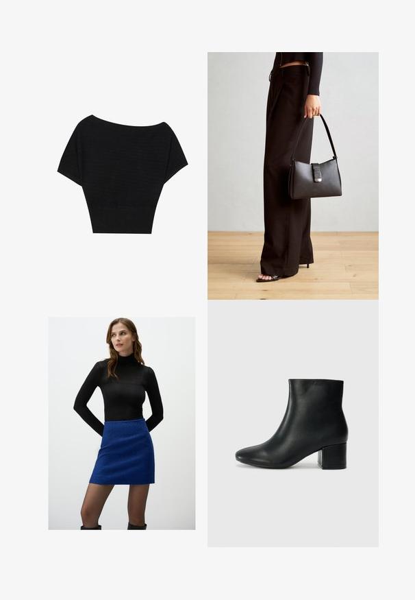 Anna Field T-shirt imprimé - black; Un haut noir à manches longues et col roulé associé à une mini-jupe bleue texturée. La jupe présente un motif légèrement irrégulier et une silhouette ajustée.; Bottines en cuir noir avec un bout pointu et un talon épais. Texture lisse avec des accents minimalistes et un design élégant et ajusté.; Sac à main noir à la forme structurée, texture lisse et fermoir métallique. Associé à un pantalon noir ample et des sandales ouvertes sur un sol en bois.