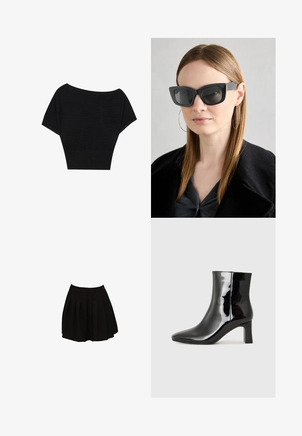 Anna Field Tričko s potlačou - black; Čierna plisovaná sukňa s priliehavým pásom a detailom jedného gombíka. Textília vyzerá hladko a ľahko, navrhnutá pre rozšírený strih.; Čierne lakované členkové topánky s špicatou špičkou a stredne vysokým blokovým podpätkom. Hladká textúra a minimalistický dizajn.; Čierne mačacie slnečné okuliare s tmavými sklami, hrubými obručami a jemnými detailami. Nosí sa s čiernym kabátom a sivým topom, pričom má dlhé rovné vlasy.