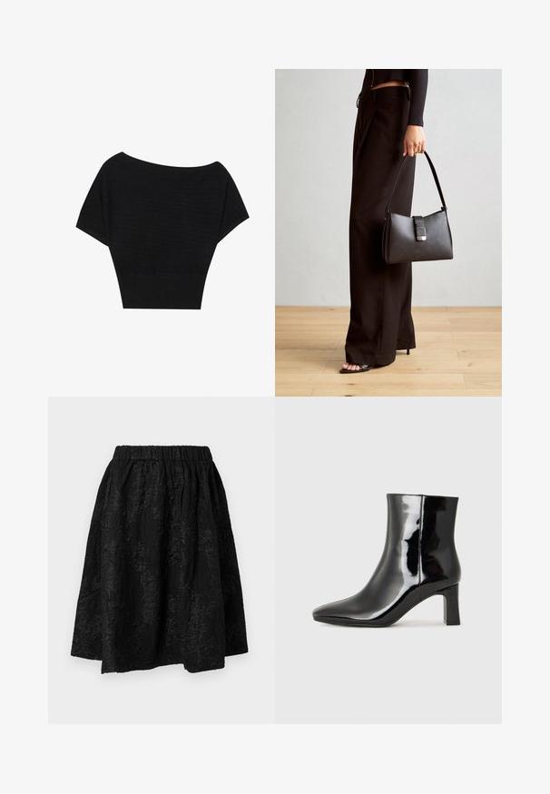 Anna Field Triko s potiskem - black; Černá sukně s elastickým pasem, zdobená texturovanými květinovými vzory. Látka vypadá lehce a mírně zmuchraně.; Černé lakované kotníkové boty s špičatou špičkou a středně vysokým blokovým podpatkem. Hladká textura a minimalistický design.; Černá kabelka se strukturovaným tvarem, hladkým povrchem a kovovým uzávěrem. Kombinována s širokými černými kalhotami a sandály s otevřenou špičkou na dřevěné podlaze.