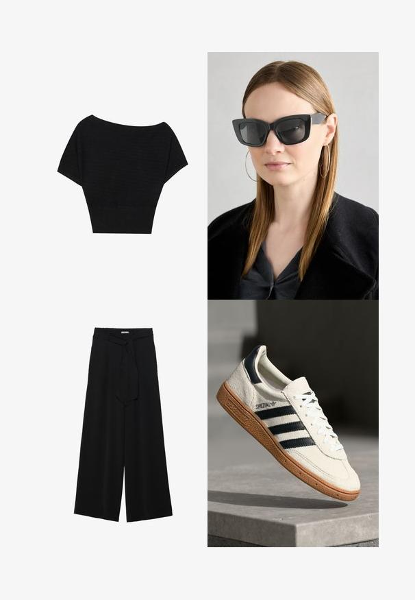 Anna Field T-shirts med print - black; Svart vide bukser med teksturert stoff, elastisk midje og avtagbart belte som gir justerbar passform.; Hvite semskede sneakers med marineblå striper, gummisåle, teksturert overdel, rund tå og snøring; har merking på siden og tungen.; Sorte katteøyne solbriller med mørke linser, tykke rammer og subtile detaljer. Båret med en svart frakk og grå topp, med langt, rett hår.