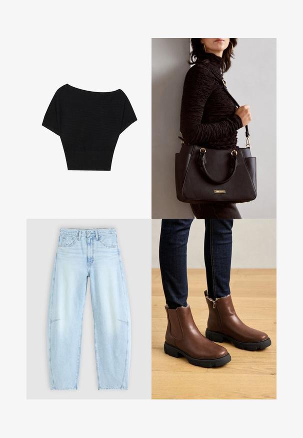 Anna Field Print T-shirt - black; Light blue denim jeans with a relaxed fit, featuring a high waist, five-pocket design, and subtle fading with frayed hem details.; Brown leather ankle boots with a zip closure, textured surface, thick black rubber sole, and soft fur lining at the ankle.; Black handbag with textured surface, dual top handles, and adjustable shoulder strap. Features gold-tone hardware and side pockets.