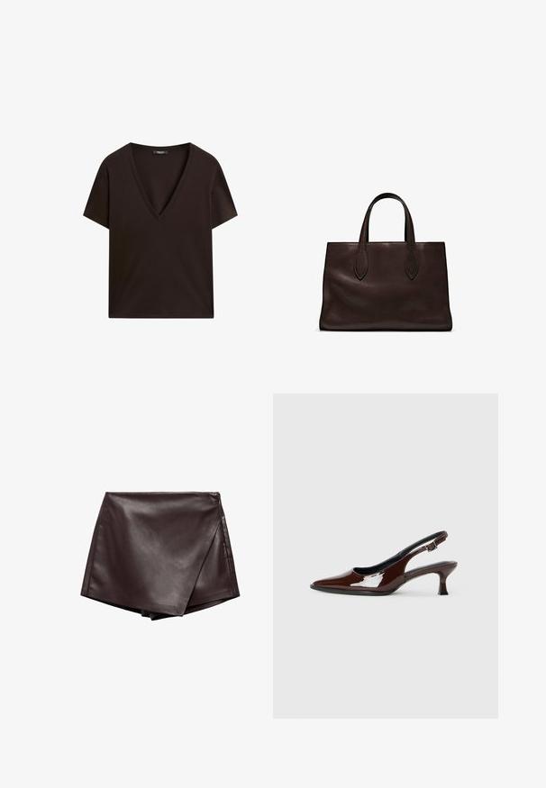 Schwarzes V-Ausschnitt-T-Shirt mit kurzen Ärmeln, aus weichem, glattem Stoff gefertigt. Verfügt über eine lockere Passform und ein schlichtes Design ohne Muster oder Akzente.; Brauner Kunstleder-Wickelrock mit glatter Textur und diagonaler Schnittführung, ausgestattet mit sauberen Kanten und einem seitlichen Reißverschluss zur Schließung.; Braune Lackleder-Slingback-Schuhe mit spitzer Zehe und moderatem Absatz. Mit einem Schnallenriemen für einen sicheren Sitz. Glatte Textur.; Braune Ledertasche mit zwei langen Griffen, strukturierte rechteckige Form, glatte Textur und dezente Nähdetails.